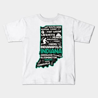 Bedford Indiana cute map Indianapolis, Fort Wayne, Evansville, Carmel, South Bend, Fishers, Bloomington, Hammond, Gary, Lafayette Kids T-Shirt